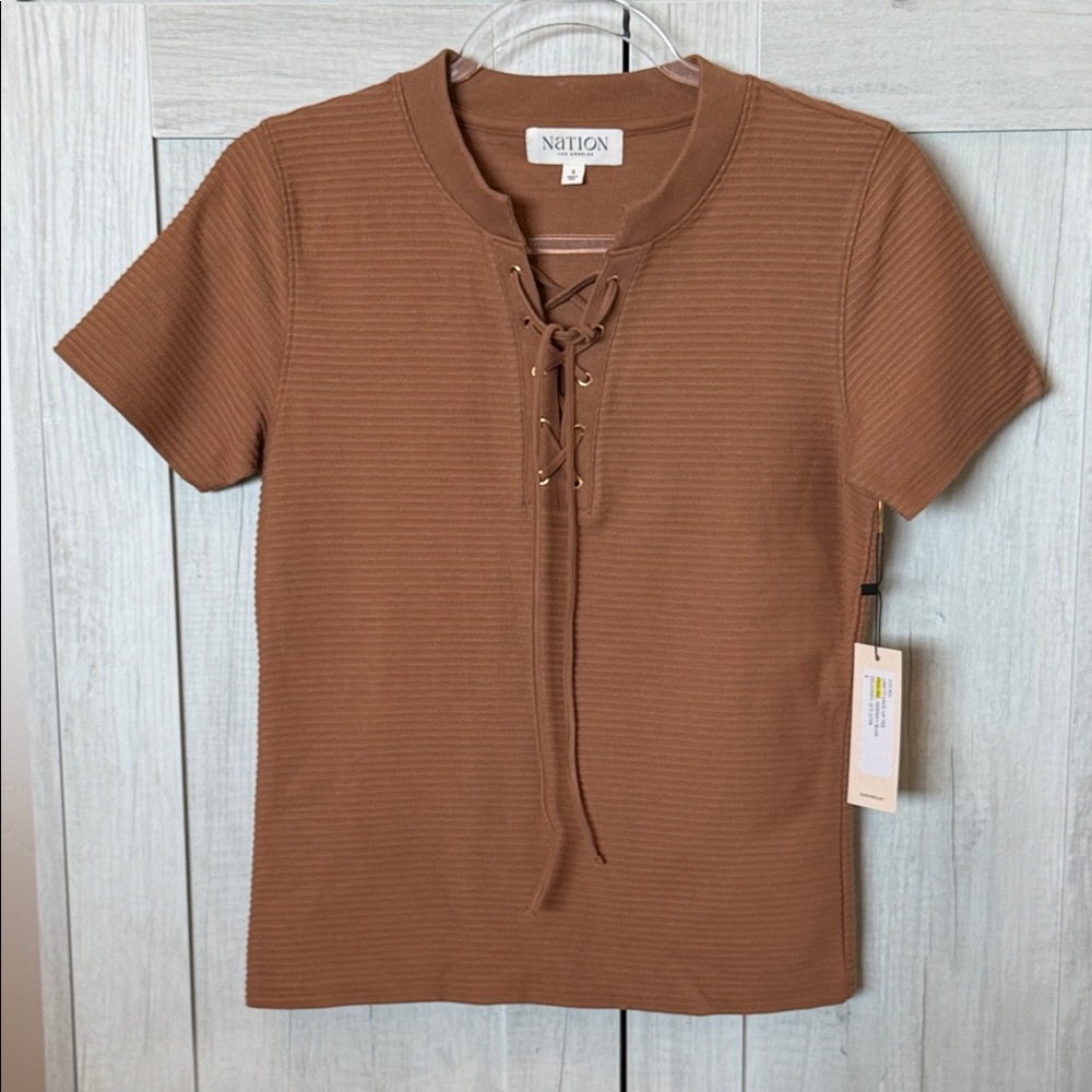 Nation Brown Lace-Up Short Sleeve Top